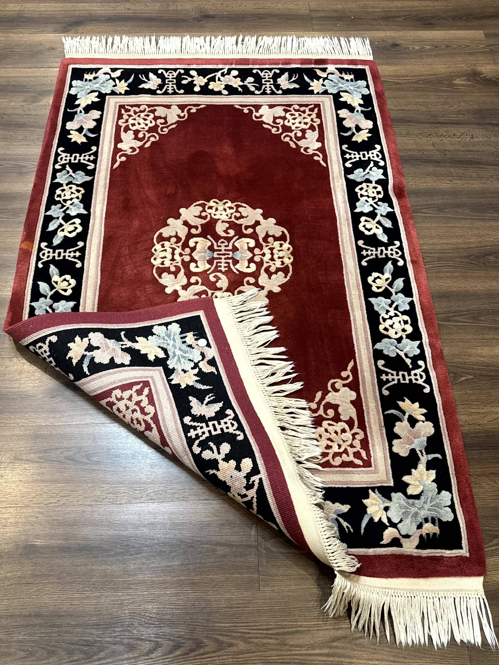 Chinese Wool Rug 4x6, Maroon and Black, Butterflies, Chinese Oriental Carpet, 90 Line Rug - Nuvé