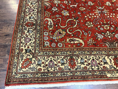Romanian Rug 10x13, Vintage Handmade Wool Carpet, Floral Pattern, Birds, Red and Cream, Signed By Masterweaver, Persian Rug - Nuvé