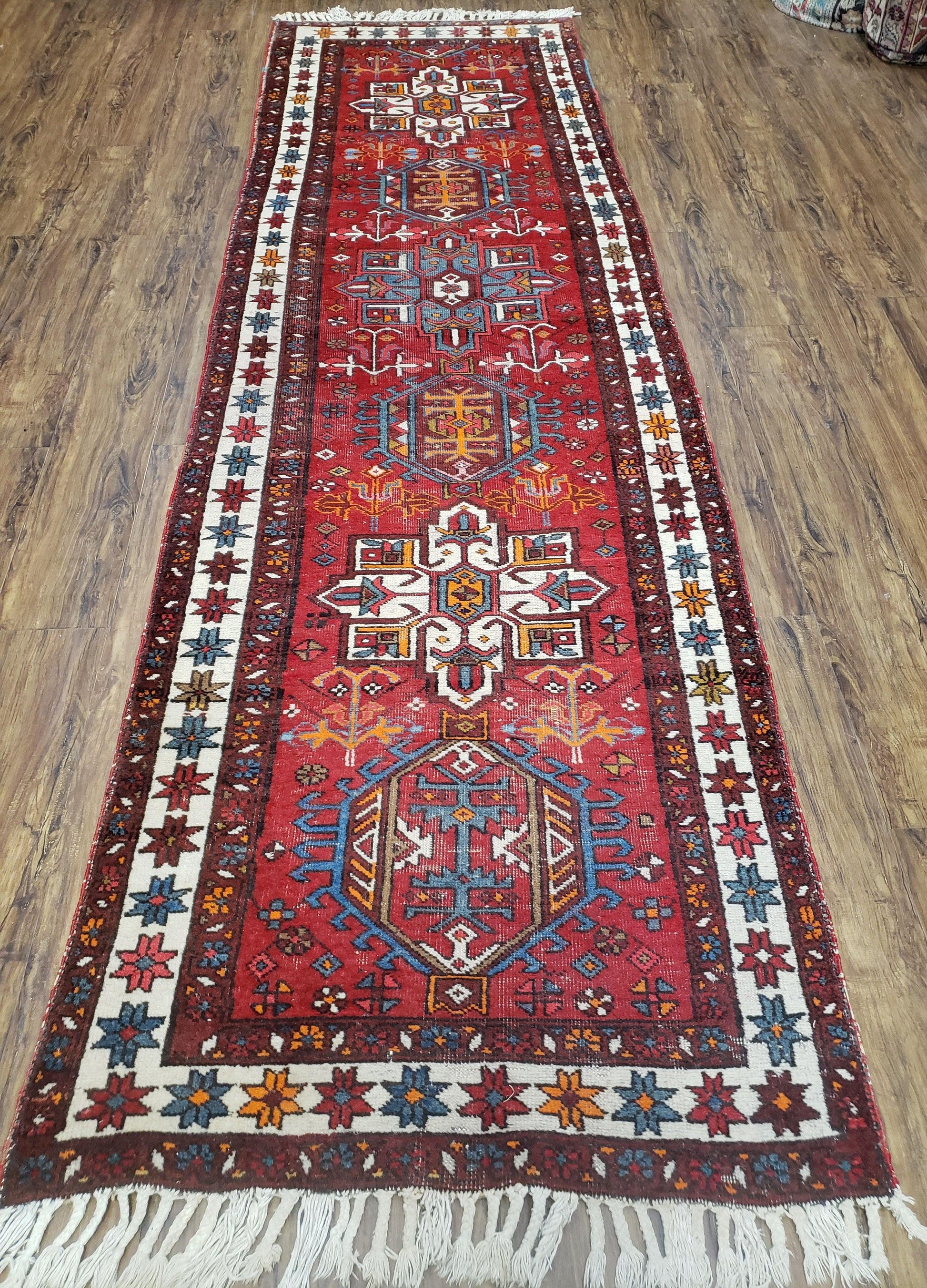 Antique Persian Heriz Karajeh Runner Rug, Red, Hand-Knotted, Wool, 3' 3" x 10' 11" - Nuvé