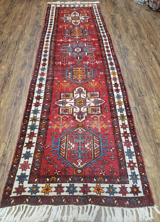 Antique Persian Heriz Karajeh Runner Rug, Red, Hand-Knotted, Wool, 3' 3" x 10' 11" - Nuvé