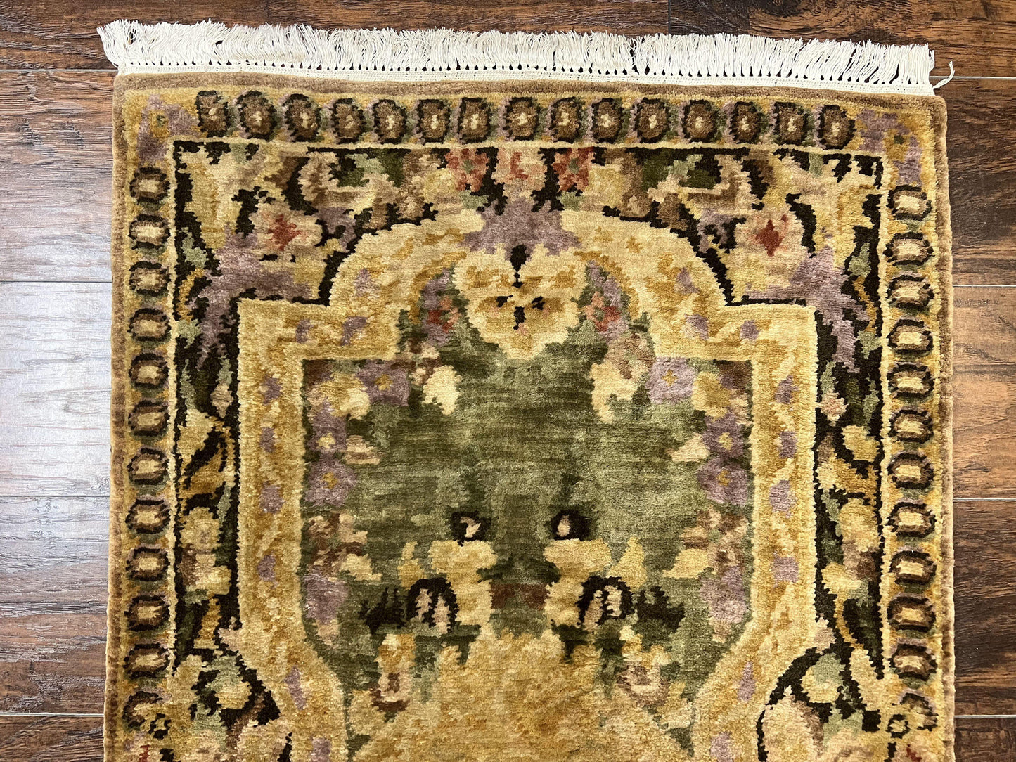 Tibetan Runner Rug 2.6 x 10, French Aubusson Pattern, Gold Olive Green, Vintage Handmade European Design, Wool Hallway Rug - Nuvé