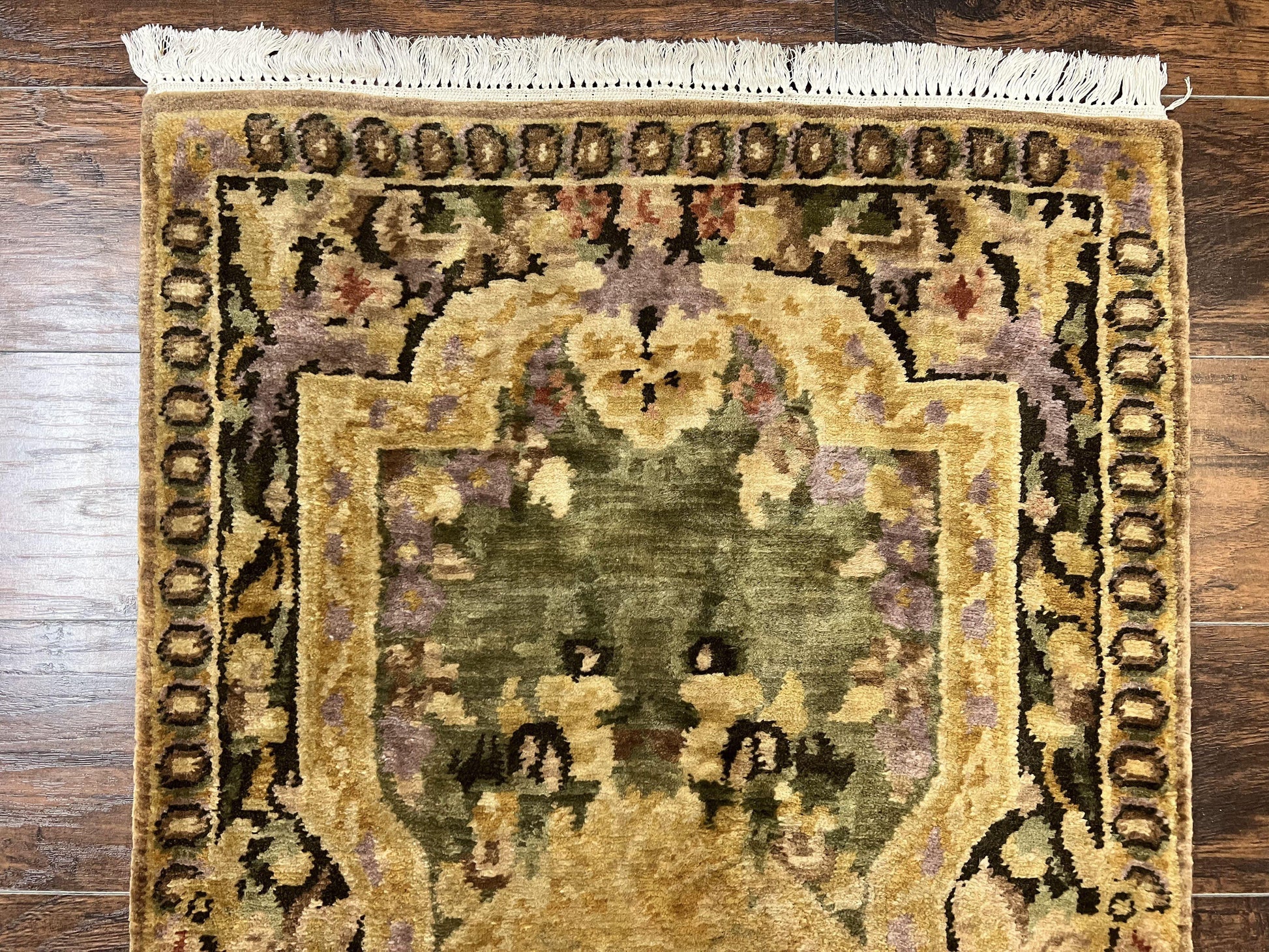 Tibetan Runner Rug 2.6 x 10, French Aubusson Pattern, Gold Olive Green, Vintage Handmade European Design, Wool Hallway Rug - Nuvé