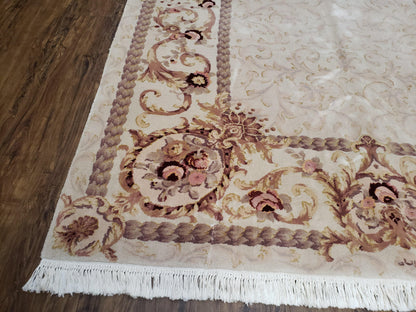 Vintage Ivory Chinese Aubusson Area Rug 6x9, Wool & Silk, Hand-Knotted 120 Line Fine Rug, European Design Carpet, 6 x 9 Master Signature Rug - Nuvé
