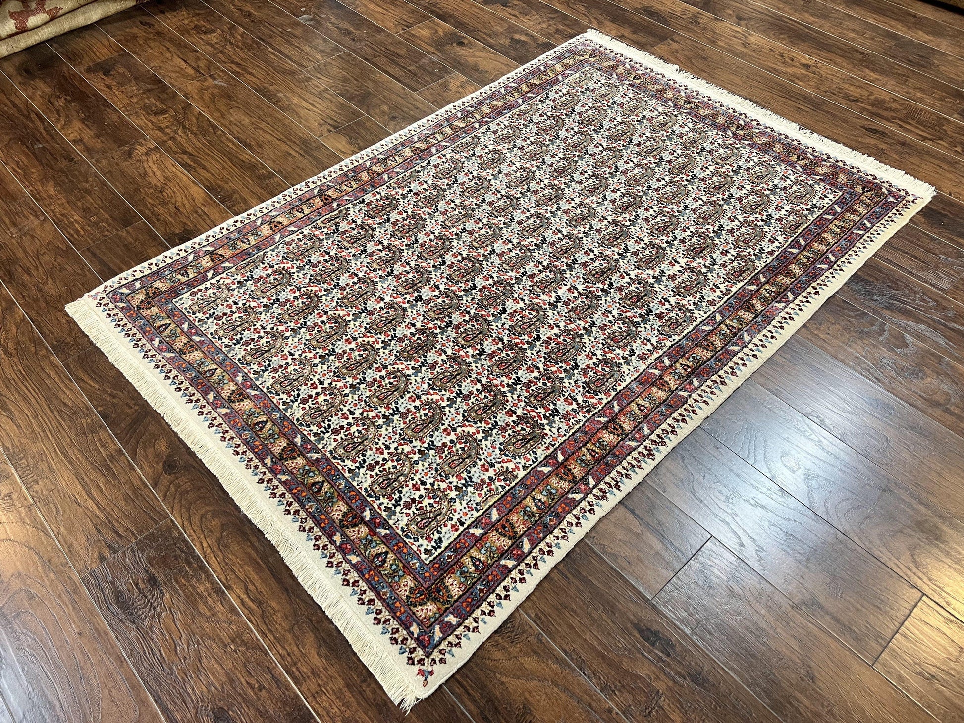 Persian Rug 4x6, Mashad Kashmar Rug, Boteh Paisley Design, Allover Repeated Pattern, Ivory Hand Knotted Vintage Semi Antique Persian Oriental Carpet - Nuvé
