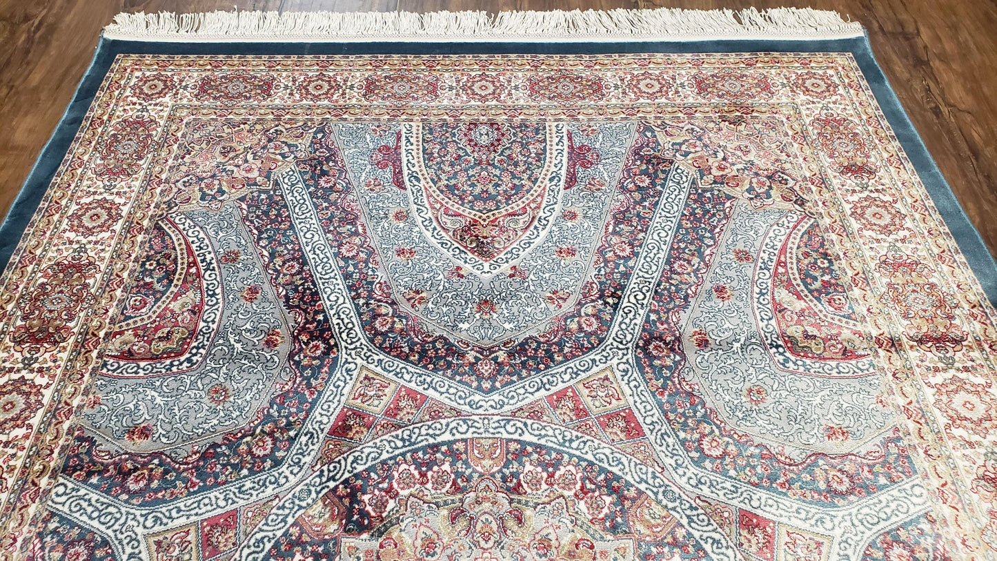 4x6 Silk Carpet, Light Blue & Beige Oriental Rug 4 x 6ft, Traditional Design Medallion All Over, Bamboo Silk, Super Fine, High Quality, Soft - Nuvé