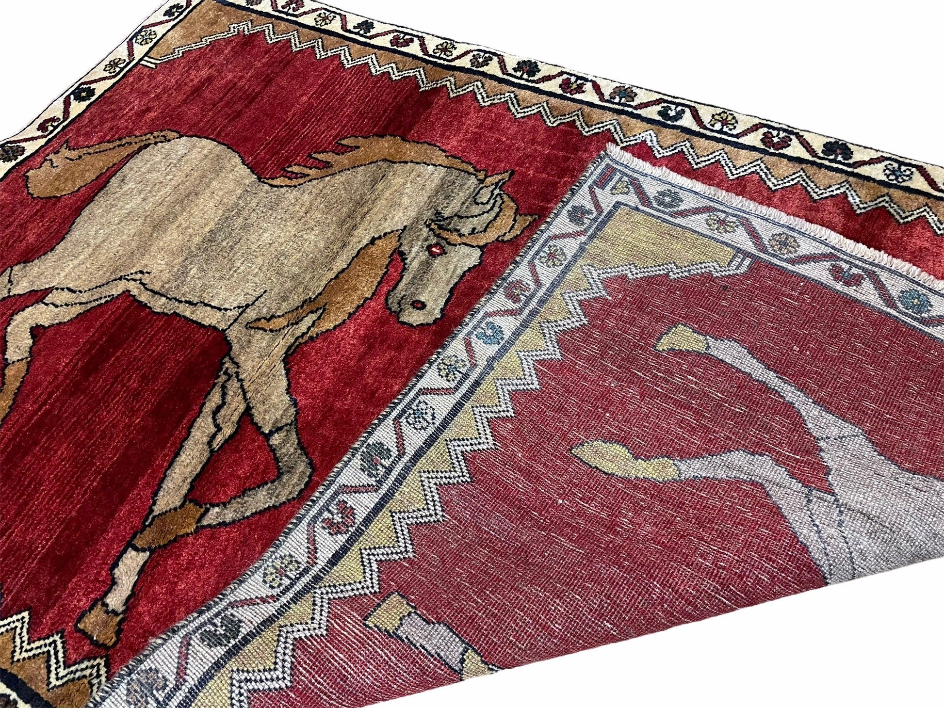 4 X 6 Handmade Hand-Knotted New Vintage Rug Wool Horses Red Organic Dyes Tribal - Nuvé