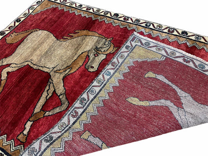 4 X 6 Handmade Hand-Knotted New Vintage Rug Wool Horses Red Organic Dyes Tribal - Nuvé