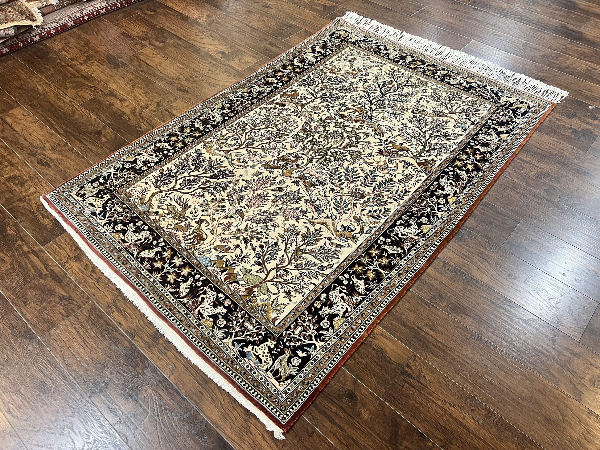Persian Qum Tree of Life Rug 5x7, Wool and Silk Highlights, Animal Motifs, Vintage Hand Knotted Handmade Cream & Black Fine Oriental Carpet - Nuvé