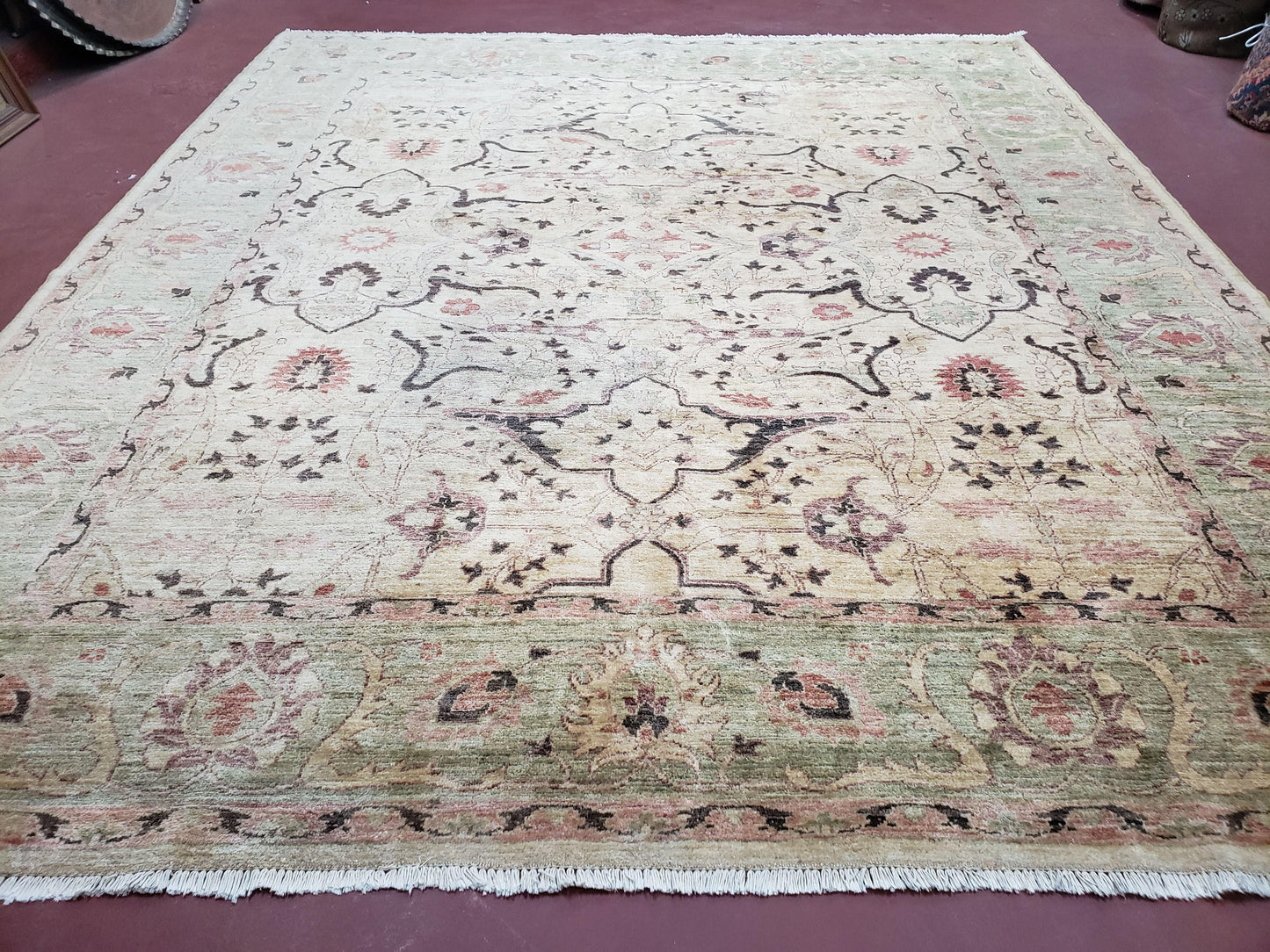 Vintage Peshawar Area Rug 8'4" x 9'7", Room Sized Peshavar Wool Oriental Carpet, Ivory/Beige & Dark Violet, Farmhouse Rug, Haji Jalil Design - Nuvé