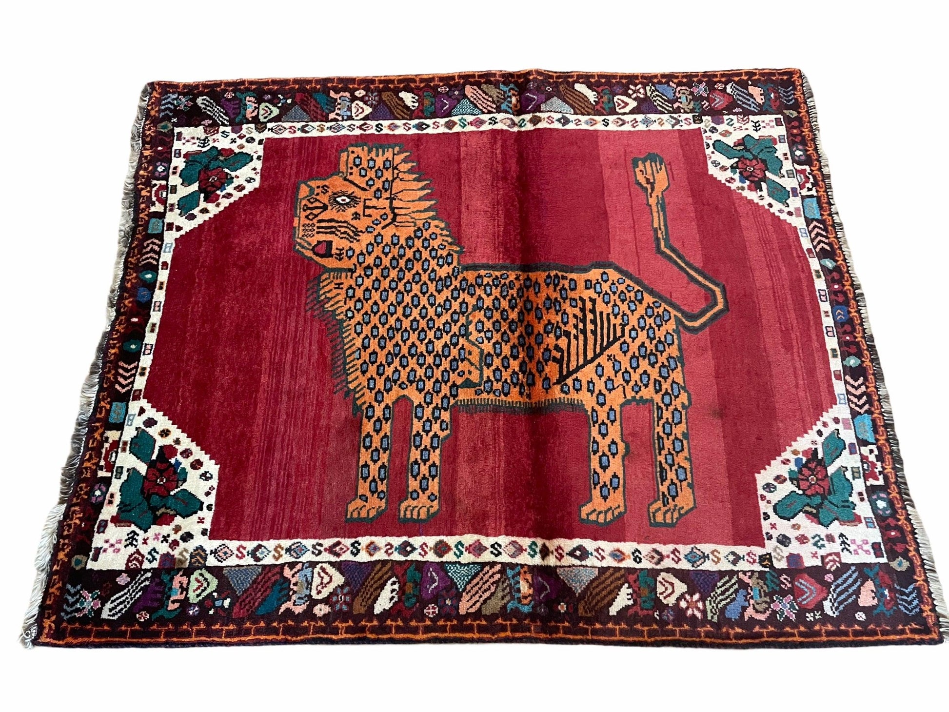 Antique Persian Gabbeh Wool Rug 4x5, Lion Pictorial Rug, Red Orange Black, Hand Knotted Handmade Vintage Gabbeh Carpet 4 x 5 ft, Tribal Rug - Nuvé
