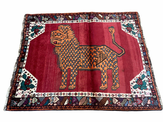 Antique Persian Gabbeh Wool Rug 4x5, Lion Pictorial Rug, Red Orange Black, Hand Knotted Handmade Vintage Gabbeh Carpet 4 x 5 ft, Tribal Rug - Nuvé