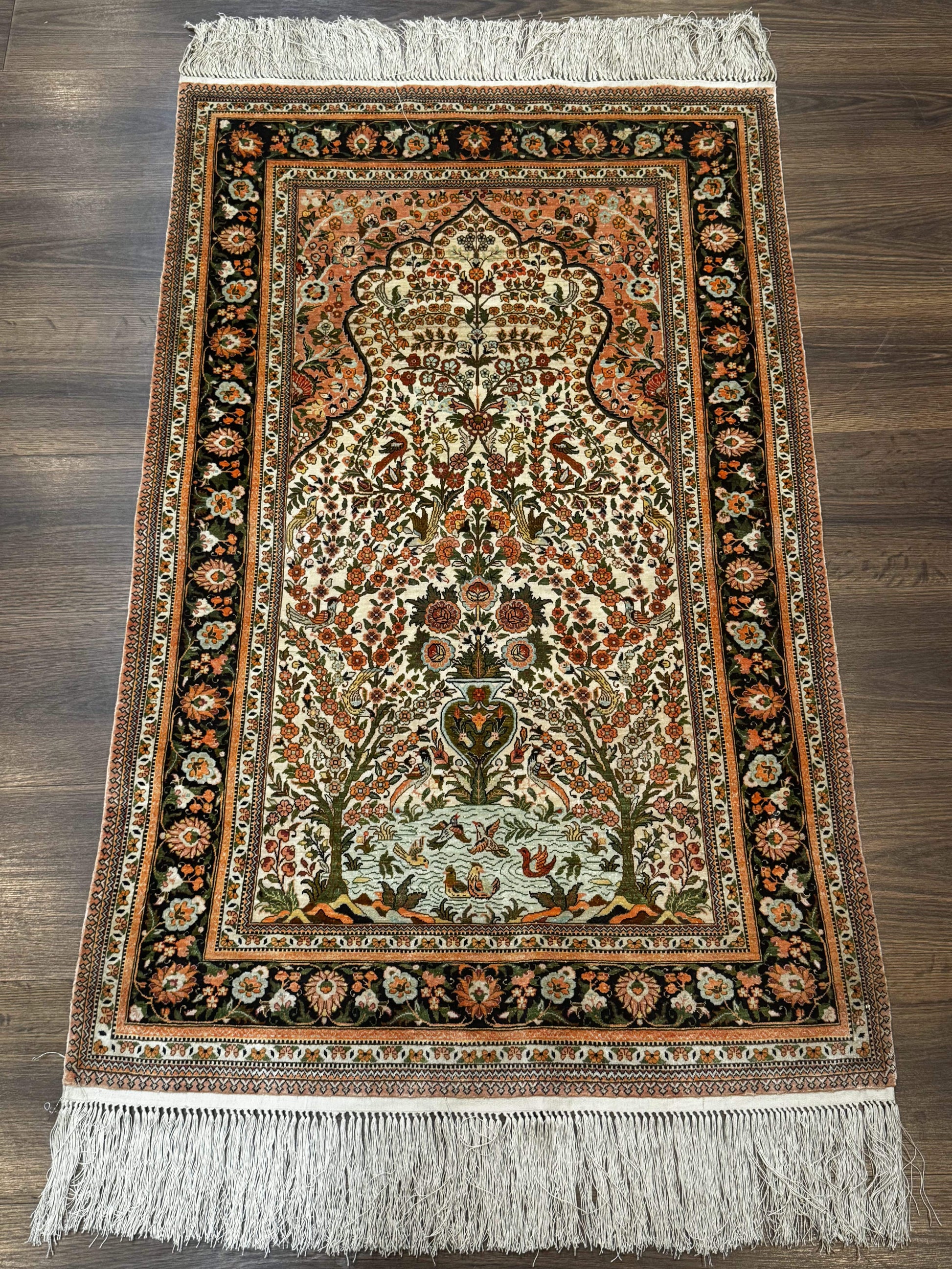 Exceptional Silk Rug 2.6 x 4, Very Fine 630 KPSI, Persian Vase Tree of Life Bird Pictorials, Handmade - Nuvé