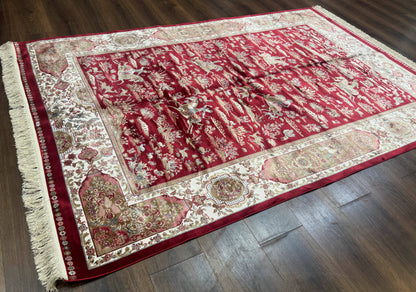 Turkish Silk Hunting Scene Rug 5 x 7.6, Red & Ivory, Bamboo Silk, New - Nuvé