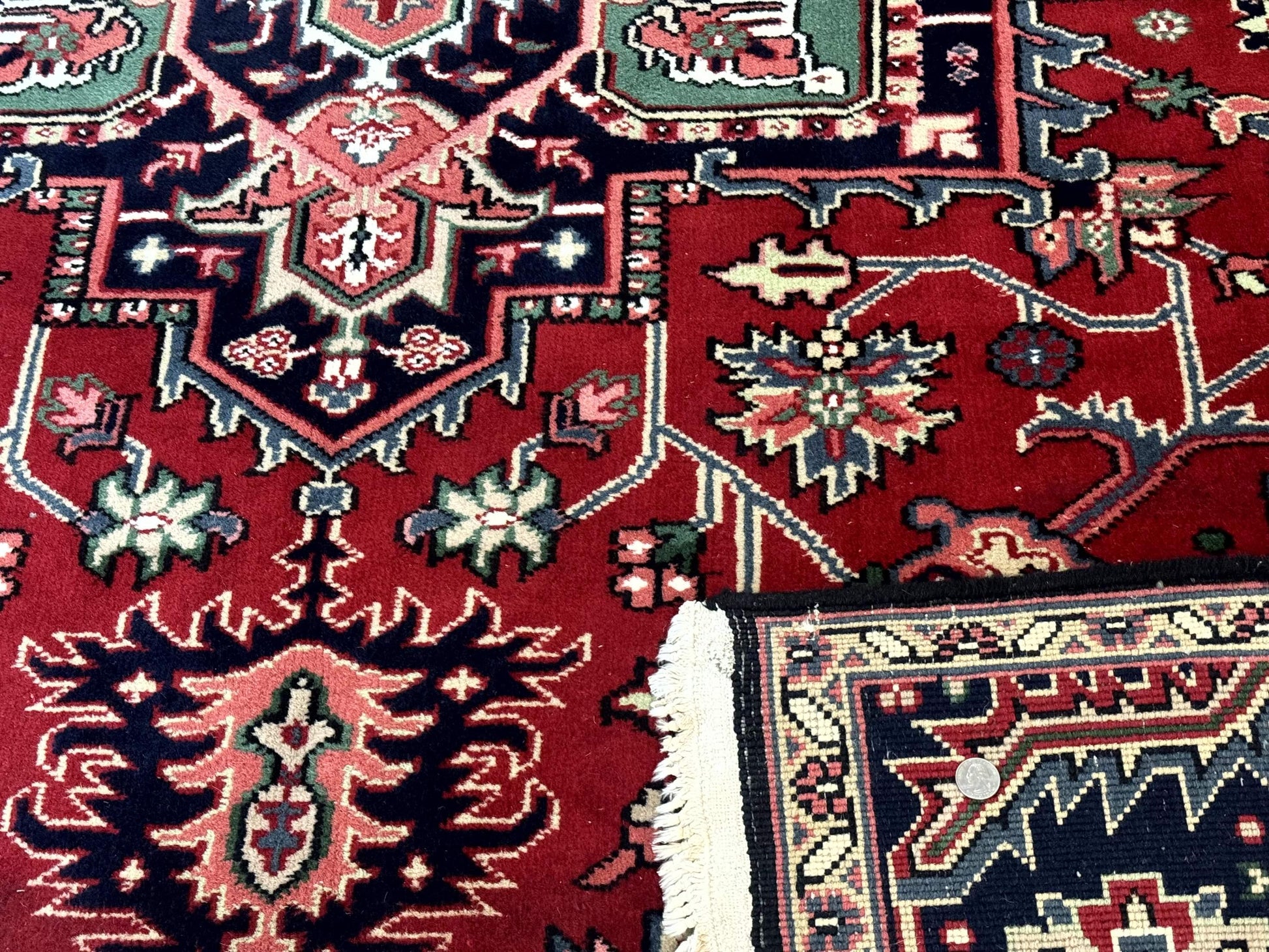 Indo Persian Heriz Rug 8x10, Geometric Medallion, Brick Red Ivory Navy Blue, Room Sized Heriz Carpet, Wool Rug - Nuvé