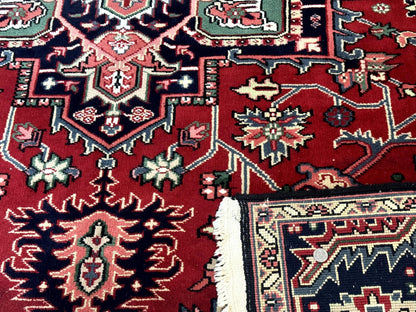 Indo Persian Heriz Rug 8x10, Geometric Medallion, Brick Red Ivory Navy Blue, Room Sized Heriz Carpet, Wool Rug - Nuvé