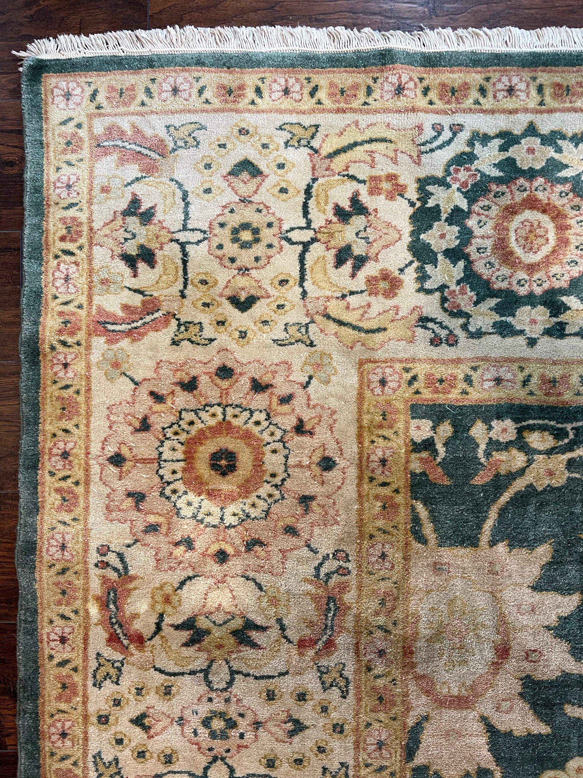 Egyptian Mahal Rug 10x14, Large Vintage Floral Hand Knotted Wool Carpet 10 x 14, Dark Green and Beige Traditional Handmade Persian Area Rug - Nuvé