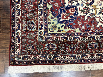 Wonderful Persian Isfahan Rug 7x9, Ivory Navy Blue Red, Floral Medallion, Very Finely Hand Knotted 260 KPSI, Handmade Wool Vintage Rug - Nuvé