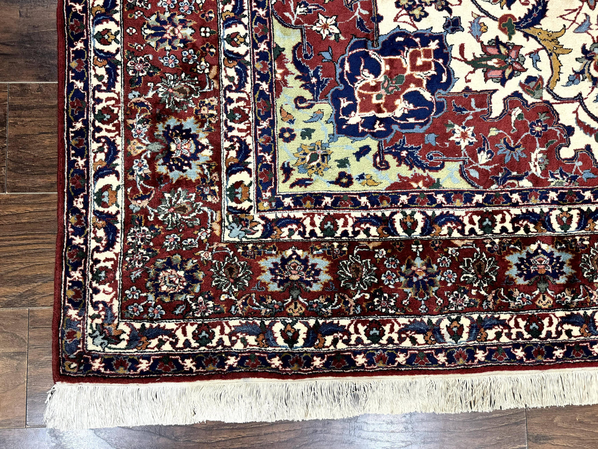 Wonderful Persian Isfahan Rug 7x9, Ivory Navy Blue Red, Floral Medallion, Very Finely Hand Knotted 260 KPSI, Handmade Wool Vintage Rug