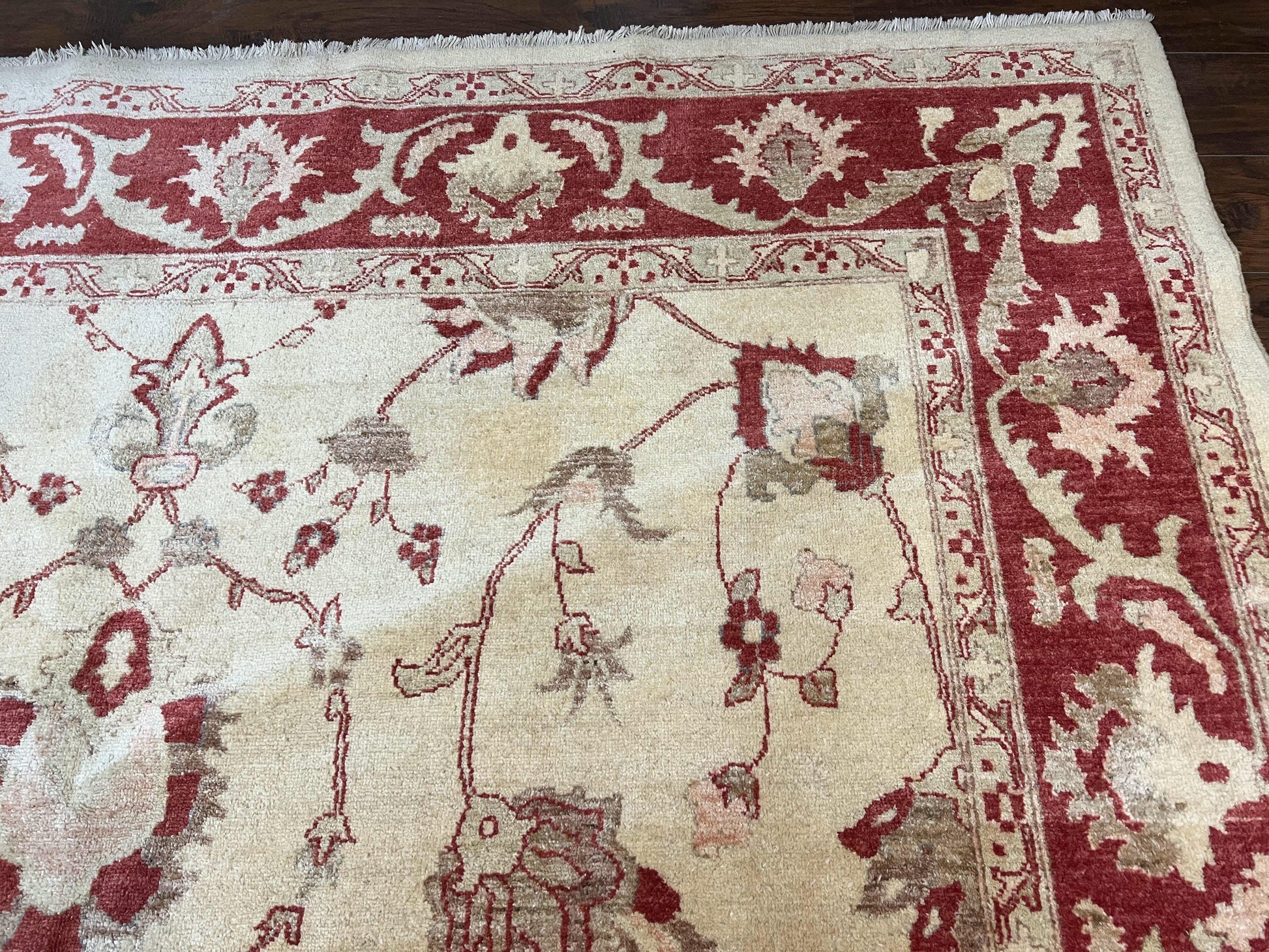 Peshawar Rug 8x12 Pakistani Carpet, Oriental Rug 8 x 12 Chobi Rug, Beige and Red, Allover Large Floral Design, Hand Knotted Vintage Wool - Nuvé
