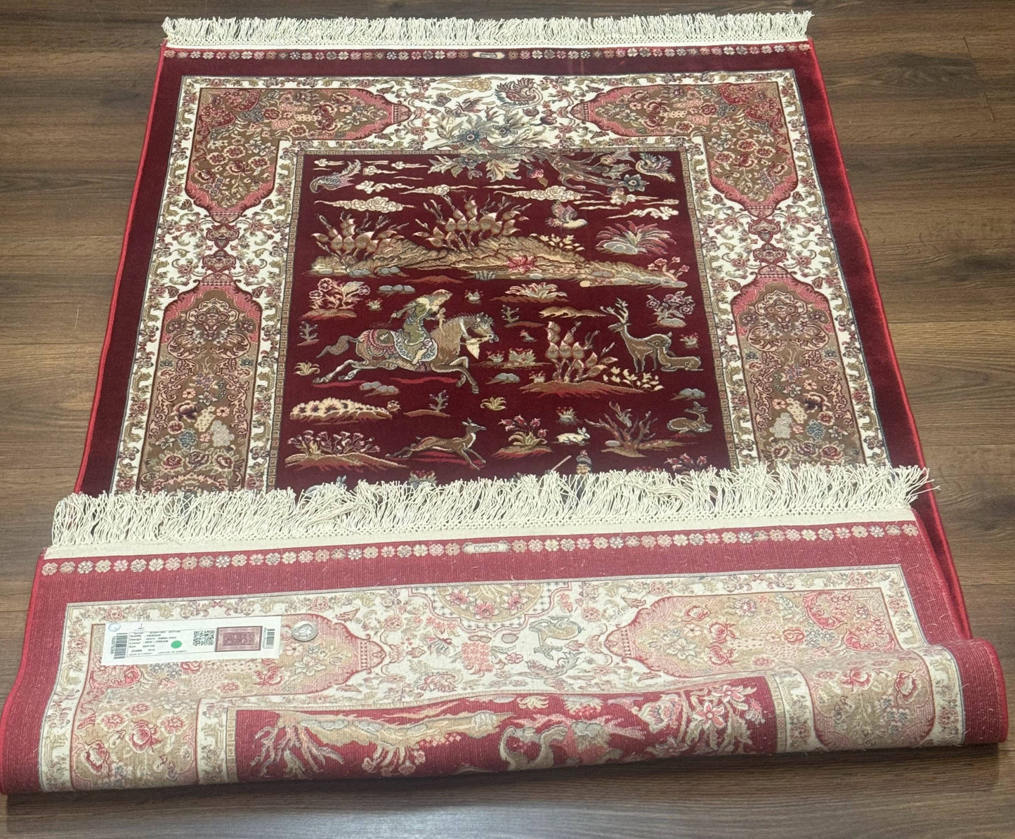 Turkish Silk Rug 3x5, Hunting Design, Dark Red & Ivory, Bamboo Silk, New - Nuvé