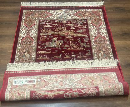 Turkish Silk Rug 3x5, Hunting Design, Dark Red & Ivory, Bamboo Silk, New - Nuvé