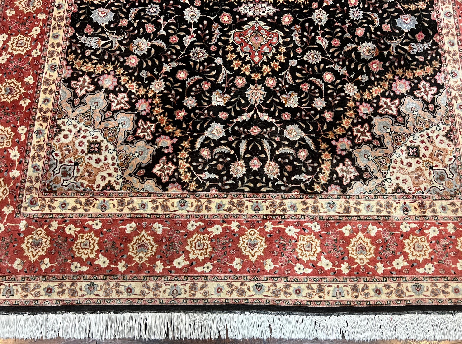 Marvelous Persian Tabriz Rug 7x10 ft, Super Fine 50 Raj, 300+ KPSI, Black and Rust Red, Floral Medallion Handmade Wool Oriental Carpet, Top Quality - Nuvé