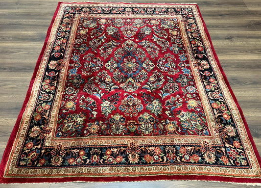 Rare Persian Almost Square Rug 6.3 x 5.3, Hand Knotted Wool Antique 1920s Sarouk Oriental Carpet, Red Navy Blue Beige, Floral Allover, 5x6 Area Rug - Nuvé