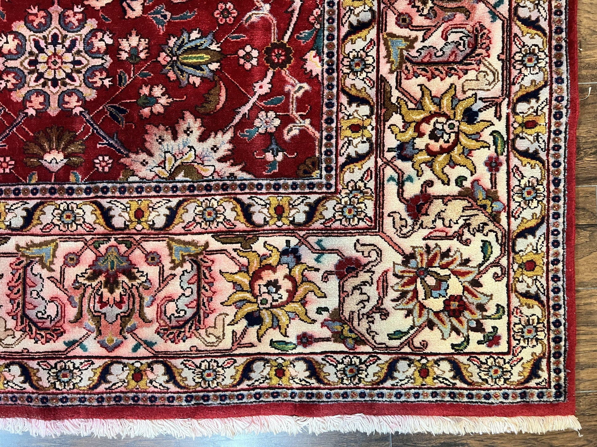 Persian Tabriz Rug 10x12, Floral Allover, Handmade Vintage Wool Carpet, Red and Cream - Nuvé