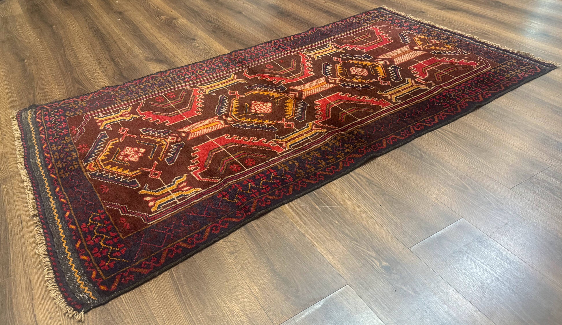 Afghan Rug 3x7, Maroon and Navy Blue, Balouch Carpet, Tribal Rug, New - Nuvé