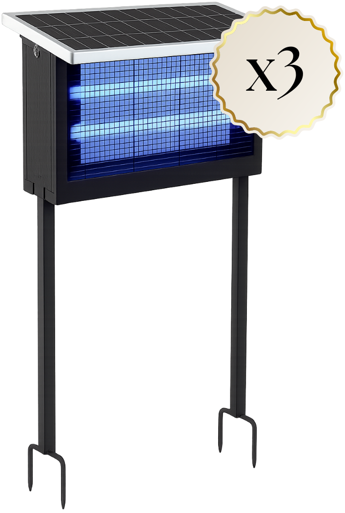 Solar-powered insect killer with blue light on a white background
