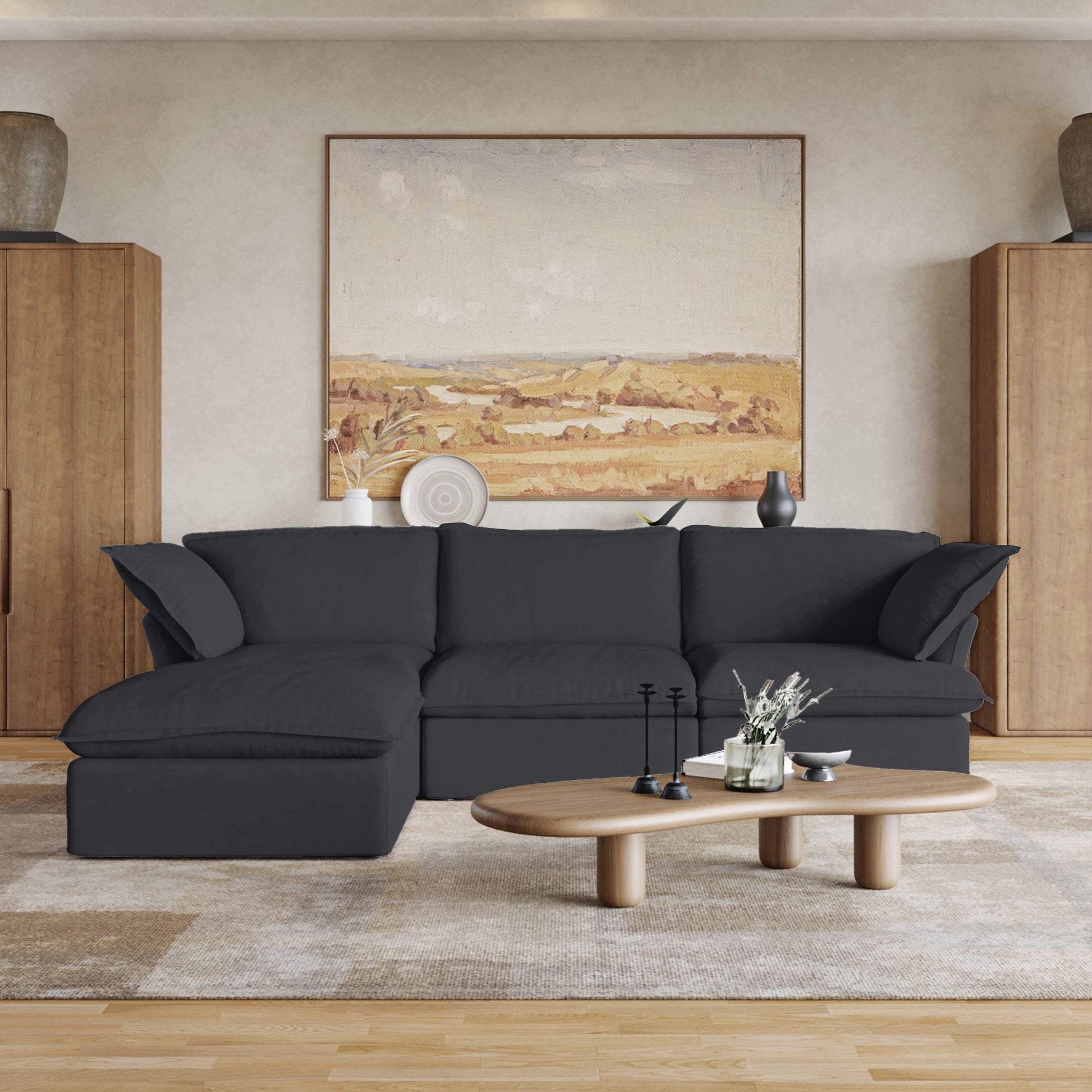Sabi Modular Boucle Cloud Sofa - Obsidian Black - 3-Seater Sectional Sofa with Ottoman - Nuvé