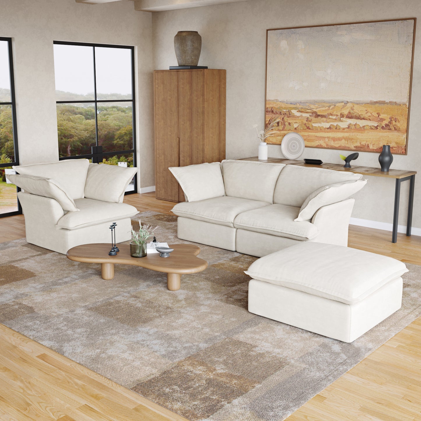 Sabi Modular Boucle Cloud Sofa - Beige - 3-Seater Sectional Sofa with Ottoman - Nuvé