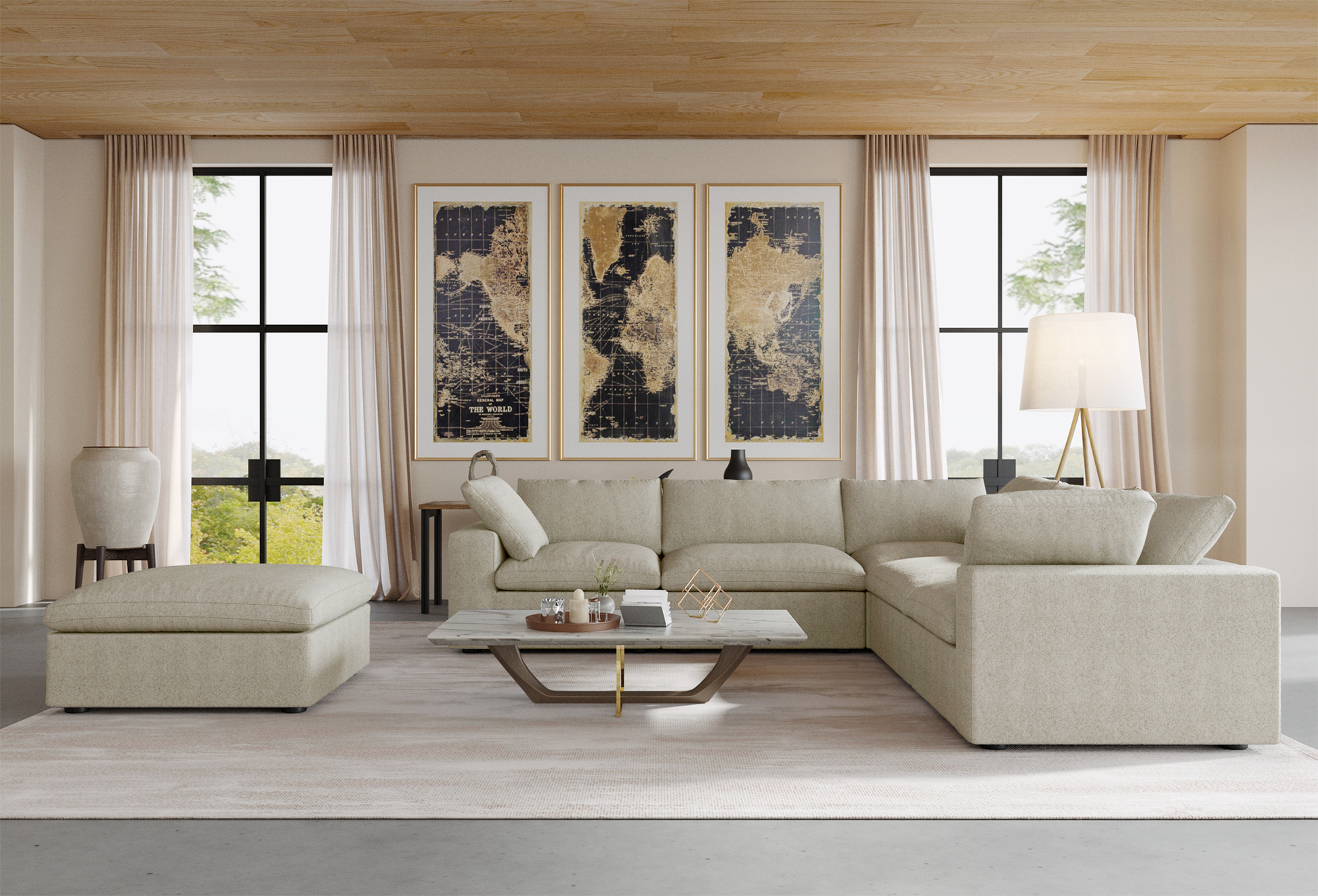 Nuvé® Solace Modular Bouclé Cloud Sofa - Khaki - 5-Seater Corner + Ottoman - Nuvé