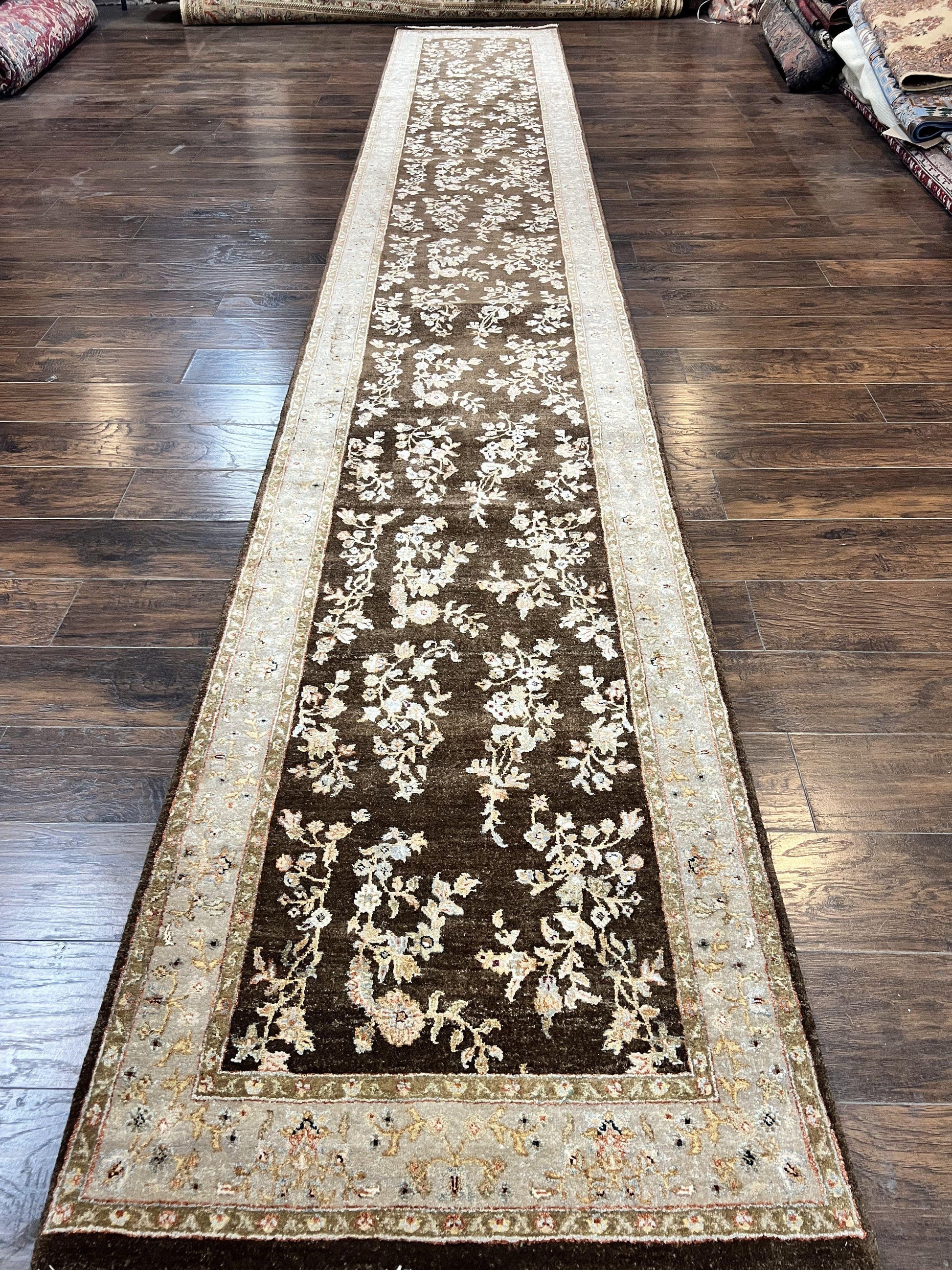 Peshawar Runner Rug 3 x 20, Wool Hand Knotted Vintage Pakistani Carpet, Brown & Taupe, Chobi Mahal Floral Rug, Extra Long Hallway Runner - Nuvé
