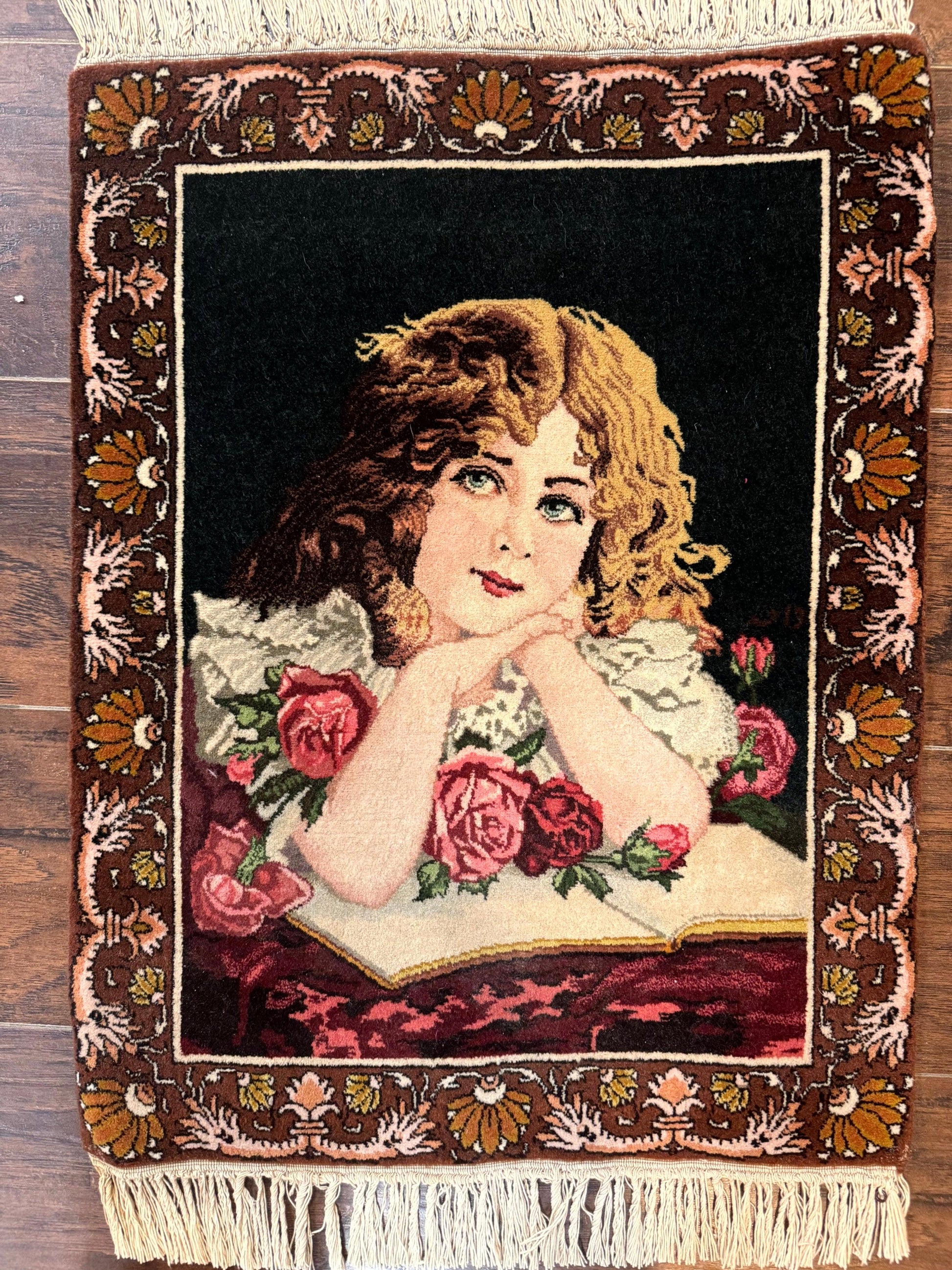 Small Persian Tabriz Pictorial Rug of Young Girl, Very Fine 380 KPSI, Portrait of Young Lady with Roses, Handmade, Persian Rug for Wall Hanging - Nuvé