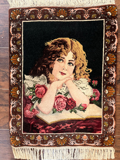 Small Persian Tabriz Pictorial Rug of Young Girl, Very Fine 380 KPSI, Portrait of Young Lady with Roses, Handmade, Persian Rug for Wall Hanging - Nuvé
