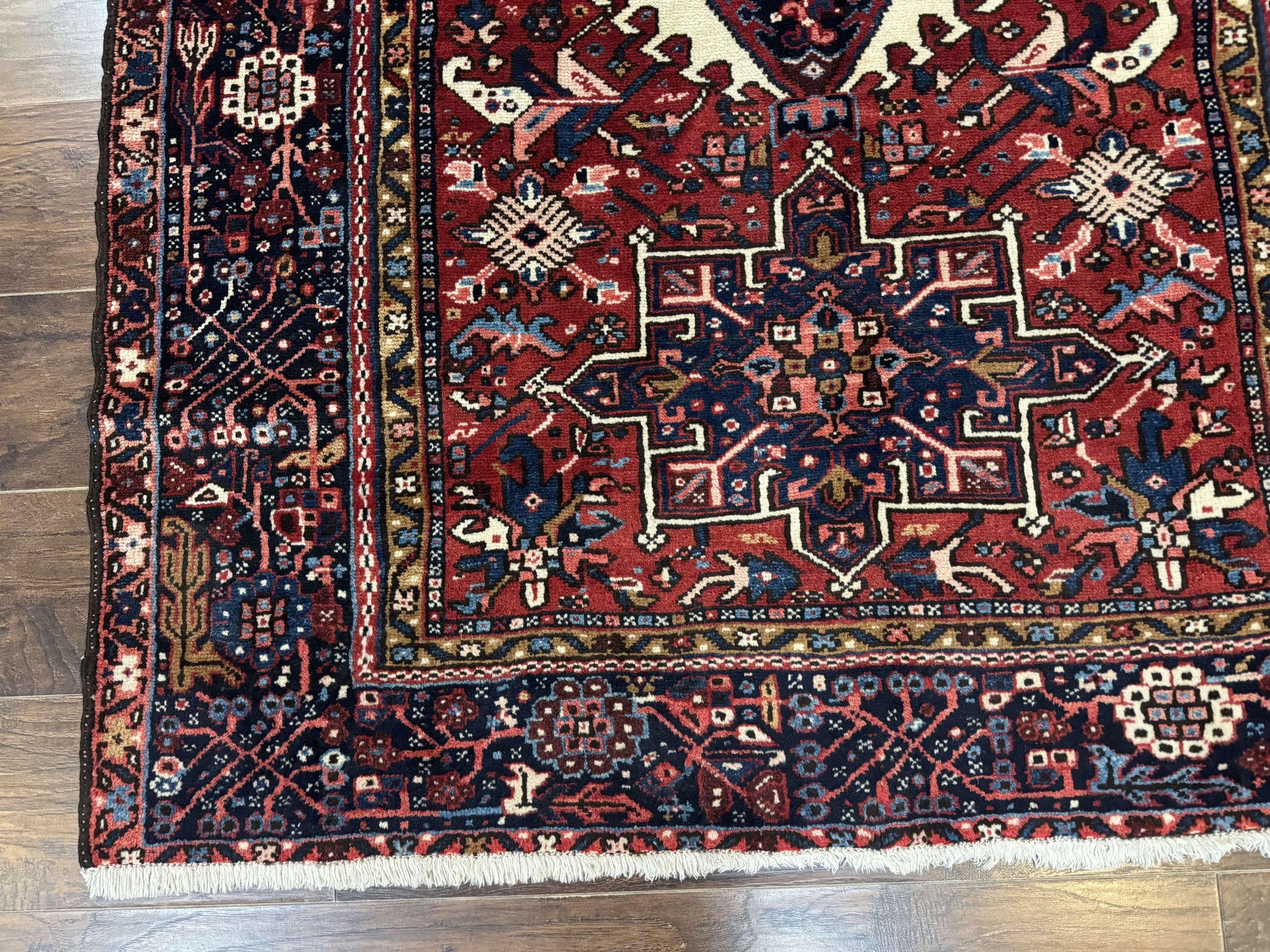 Persian Karajeh Rug 5x6, Antique Heriz Carpet, Geometric, Persian Tribal Rug, Brick Red Navy Blue - Nuvé