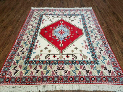Vintage Moroccan Carpet 5x7 Area Rug, Berber Rug, Handmade Soft Wool Rug, Red Ivory and Blue, Geometric Medallion Rug, Bohemian Rug, Nice - Nuvé