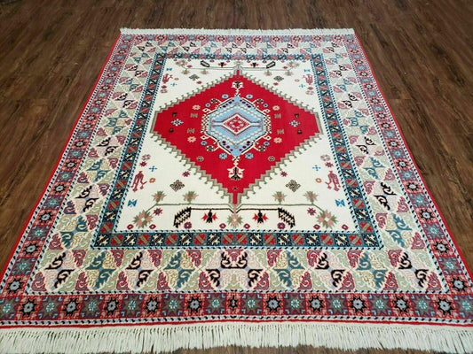 Vintage Moroccan Carpet 5x7 Area Rug, Berber Rug, Handmade Soft Wool Rug, Red Ivory and Blue, Geometric Medallion Rug, Bohemian Rug, Nice - Nuvé