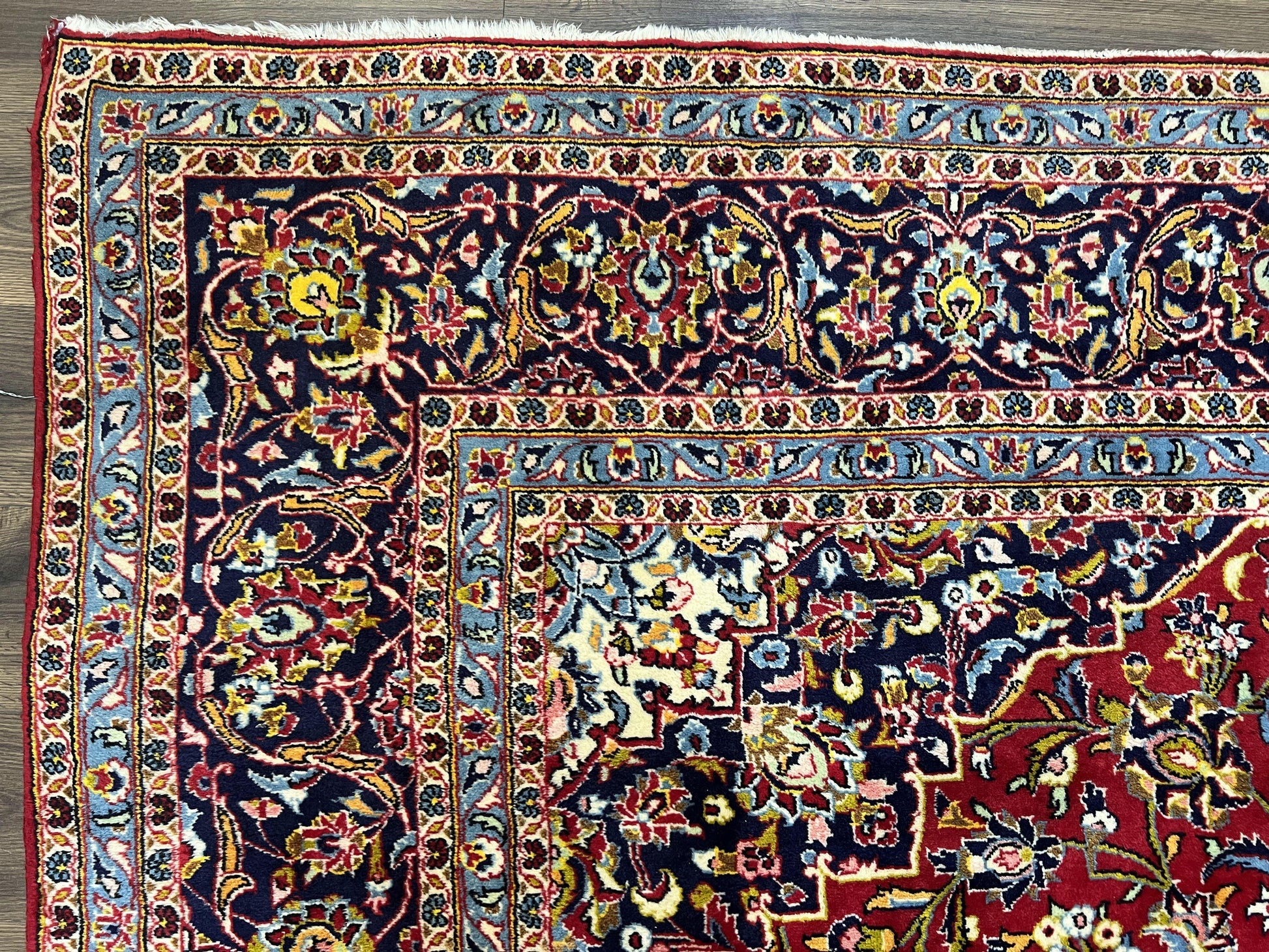 Persian Kashan Rug 9x12, Red Navy Blue, Allover Floral Medallion & Corner Design, Handmade Wool Oriental Carpet, Semi Antique Traditional Carpet - Nuvé