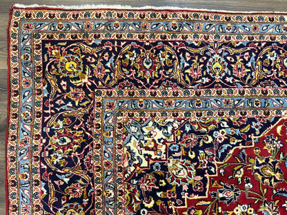 Persian Kashan Rug 9x12, Red Navy Blue, Allover Floral Medallion & Corner Design, Handmade Wool Oriental Carpet, Semi Antique Traditional Carpet - Nuvé