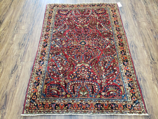 Antique Persian Sarouk Rug, Red, Allover Floral Pattern, Hand-Knotted, Wool, 3'4" x 4'10" - Nuvé