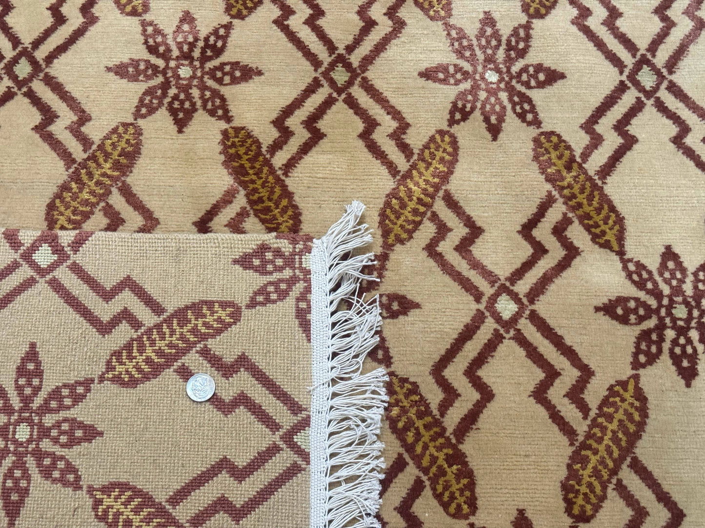 Tibetan Rug 8x10, Wool with Silk Highlights, Beige and Maroon, Contemporary Carpet - Nuvé