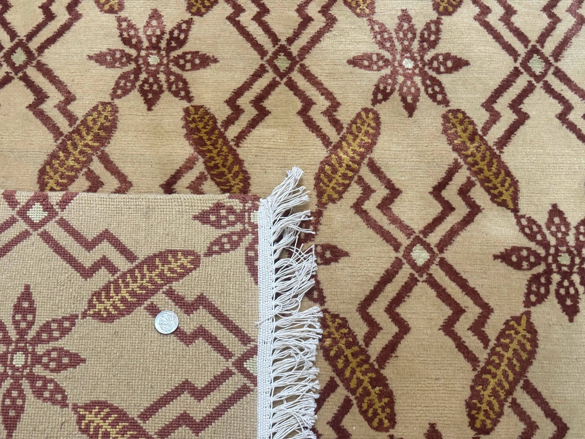 Tibetan Rug 8x10, Wool with Silk Highlights, Beige and Maroon, Contemporary Carpet - Nuvé