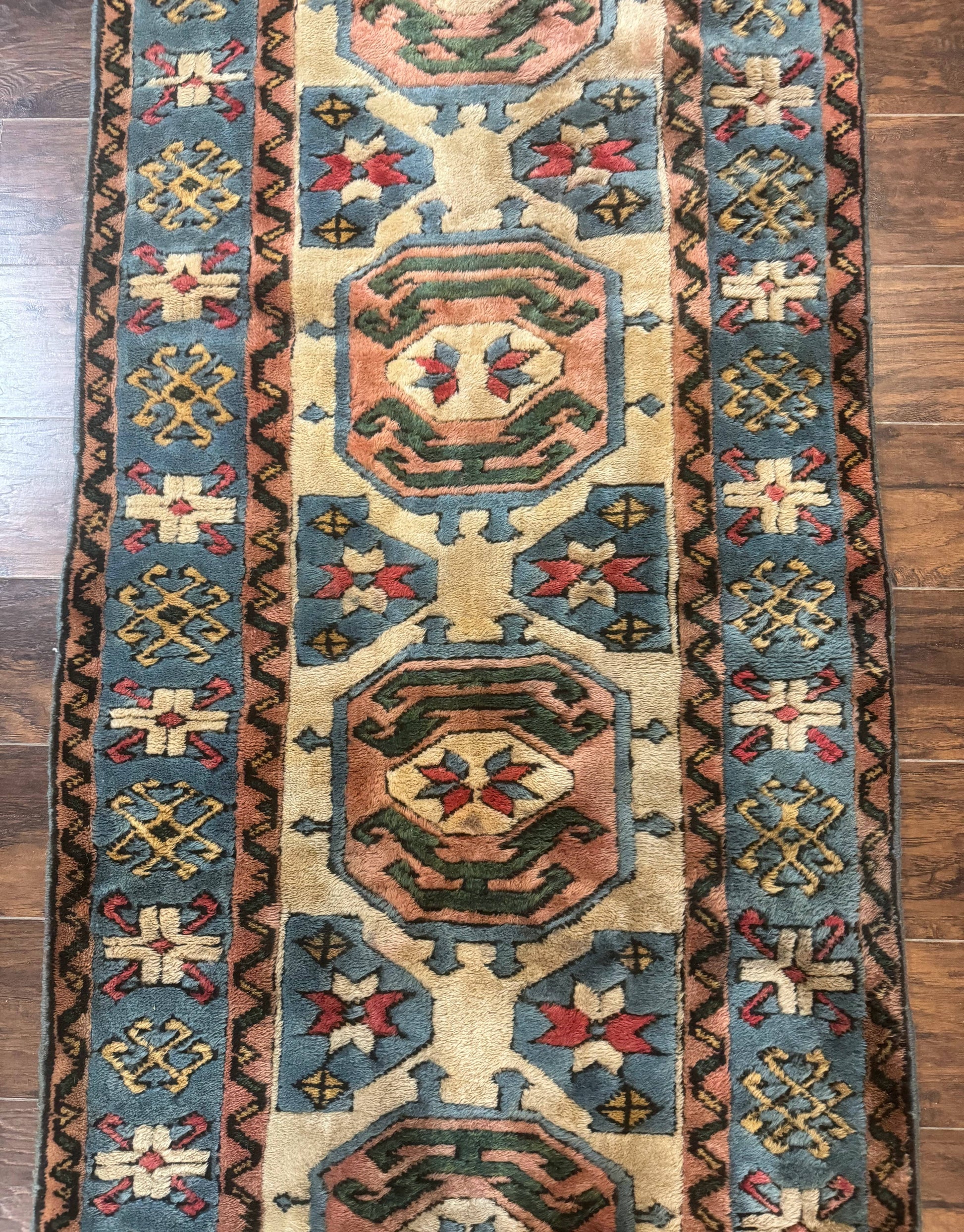 Turkish Kazak Runner Rug 3x11, Cream and Light Blue, Vintage - Nuvé