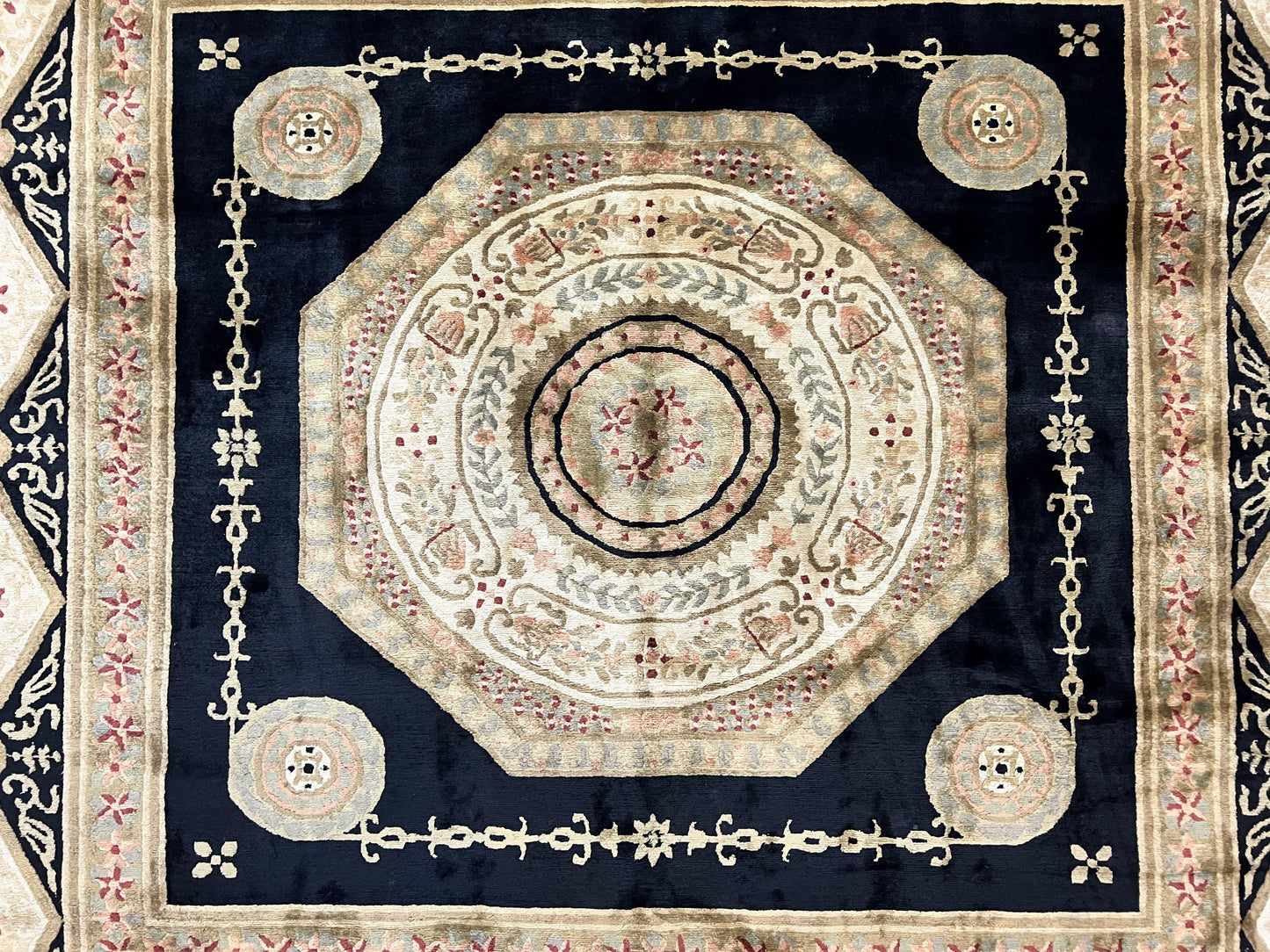 Tibetan Rug 8x10, Nepali Area Rug, Soft New Zealand Wool Carpet 8 x 10 ft, Black Tan Beige, Vintage Handmade Rug, French Aubusson Pattern - Nuvé
