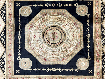 Tibetan Rug 8x10, Nepali Area Rug, Soft New Zealand Wool Carpet 8 x 10 ft, Black Tan Beige, Vintage Handmade Rug, French Aubusson Pattern - Nuvé