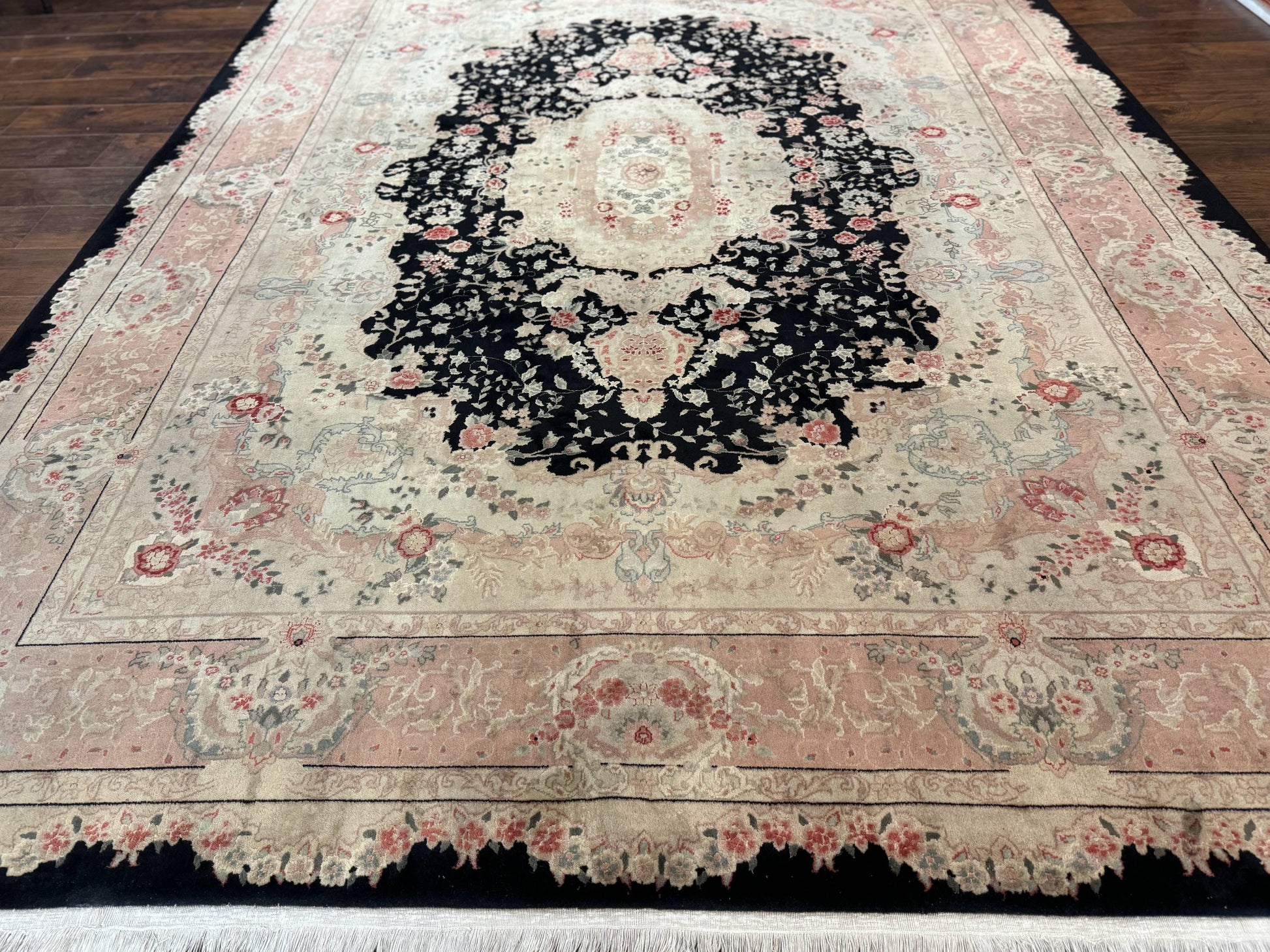 Pak Persian Tabriz Rug 8.6 x 11.6, Black Pink, Traditional Elegant Formal Oriental Carpet, Dining Room Rug, Fine 225 KPSI - Nuvé