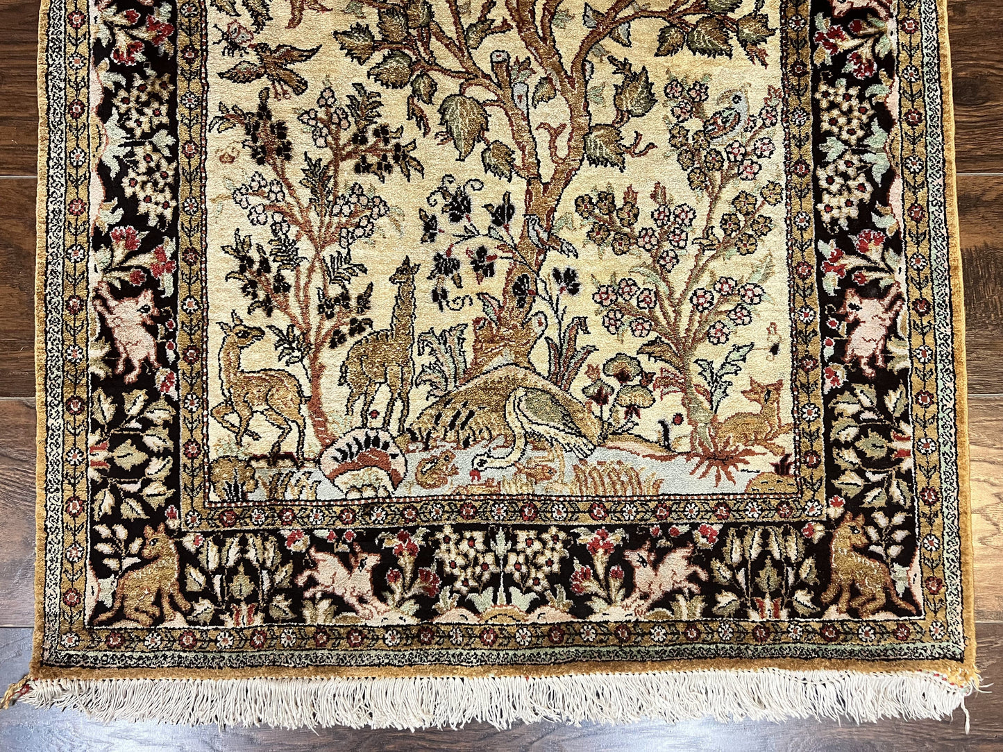 Silk Tree of Life Persian Qum Rug 3x4, Hand Knotted Vintage Carpet, Cream & Black, Very Fine Oriental Rug, Animal Pictorials, Birds - Nuvé