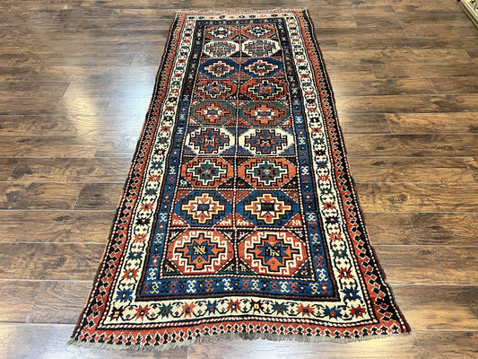 Antique Caucasian Kazak Runner Rug 4 x 9.5, Handmade Wool Rug for Hallway, Rare Colorful Panel Design Mid 19th Century 1870s Oriental Carpet - Nuvé